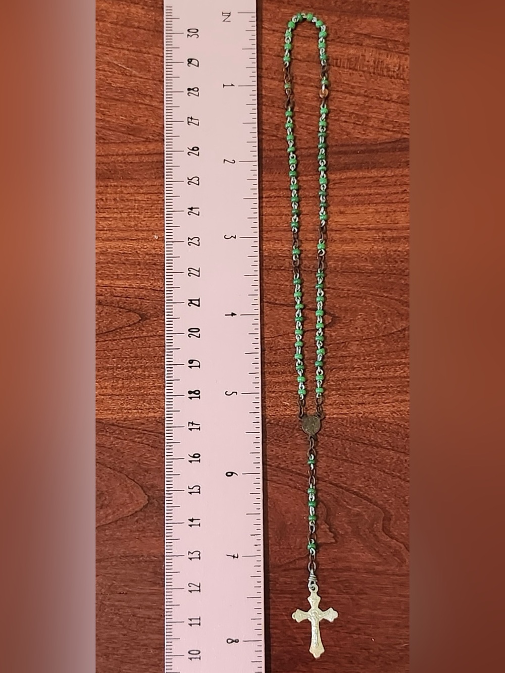 Vintage Tiny Green Beaded Glass Rosary - 8-1/4” - Picture 1 of 10
